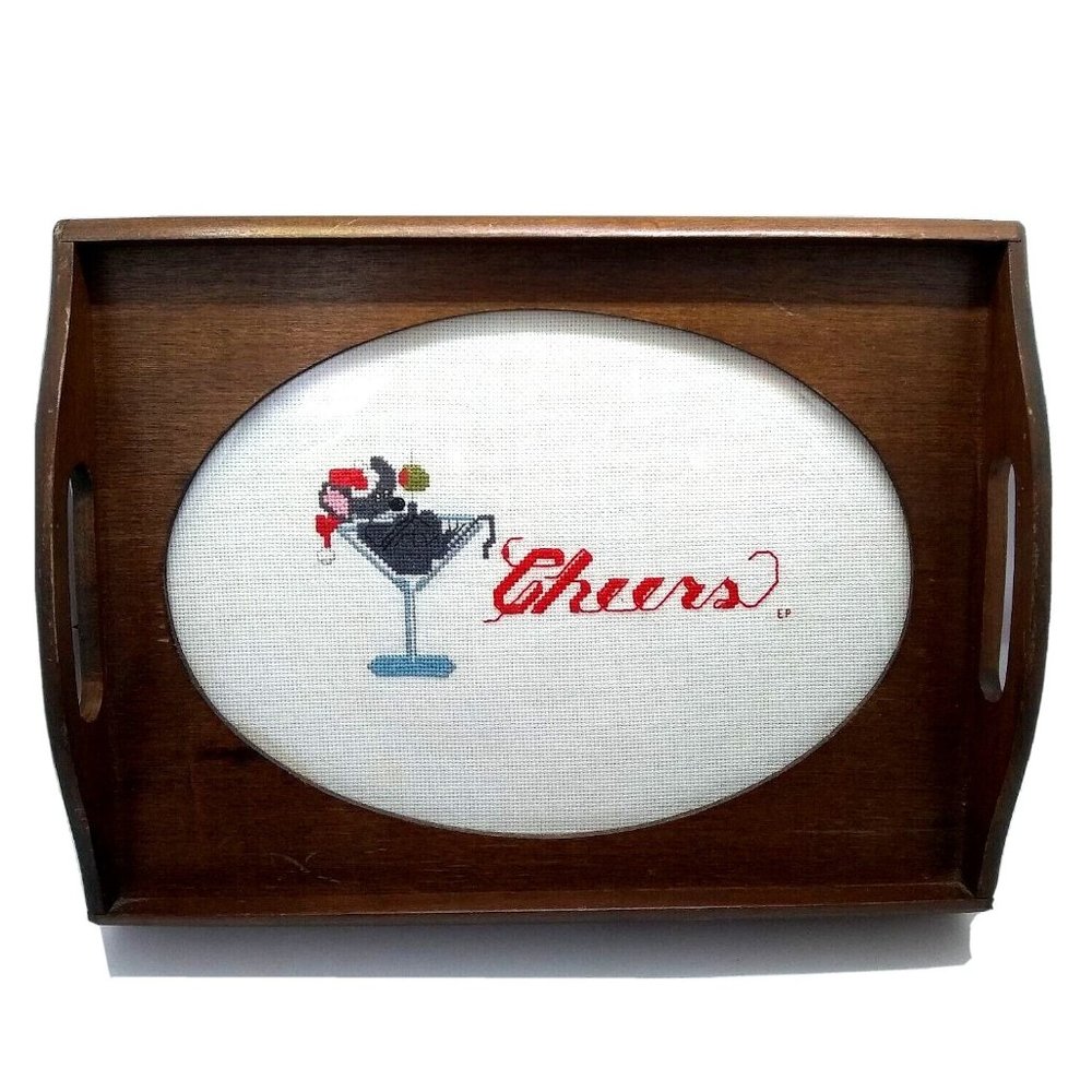 Vtg. Sudberry Christmas holiday Mouse Martini Glass  Cheers glassed in wood tray